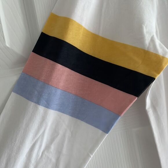 The Upside Women’s Long Sleeve White Top with Multi Color Arm Stripes - Picture 2 of 7